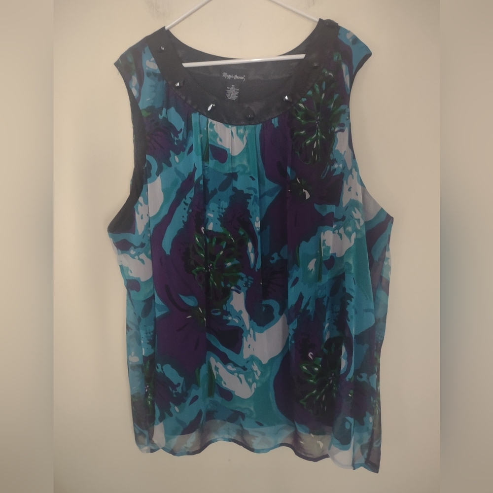 Maggie Barnes top 4x lined Reflective beads Black/blues/purple floral sleeveless